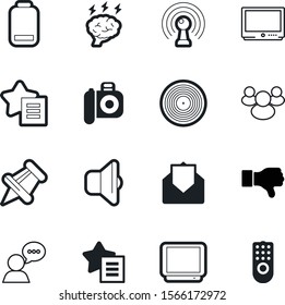 media vector icon set such as: newsletter, energy, community, member, melody, thumbtack, storm, pushpin, company, disco, site, record, hold, full, bulletin, new, control, knowledge, post, brain