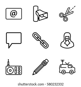 Media vector icons. Set of 9 Media outline icons such as radio, volume, chat, chain, scissors, email, TV van, pen