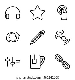 Media vector icons. Set of 9 Media outline icons such as equalizer, touchscreen, headset, chain, star, satellite, update, tea cup
