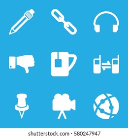 Media vector icons. Set of 9 Media filled icons such as camera, atom, headset, chain, dislike, pin, connected phone, tea cup