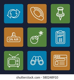 Media vector icons. Set of 9 Media outline icons such as binoculars, Tv, call, pin, open air, update, bomb, browser