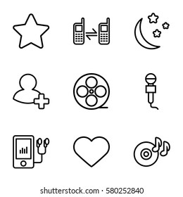 Media vector icons. Set of 9 Media outline icons such as movie tape, disc on fire, microphone, add friend, heart, star, mp3 player, connected phone