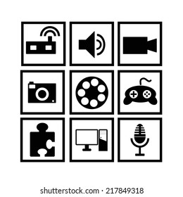 Media vector icons set in black frames on white background.