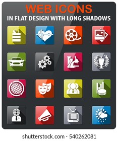 Media vector icons set in flat design with long shadow