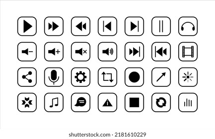 Media And  Vedio  Player Icon Set. Black And White Isolated.