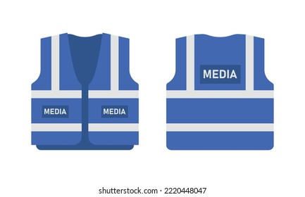 Media vest front and back view. Safety uniform with reflective stripes. Vector illustration on white background