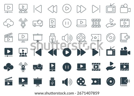 Media and Video Icon Set Vector. Collection of Film Production, Streaming, and Communication, TV, camera, projector, clapperboard, reel, USB, speaker, outline, and solid icons illustration
