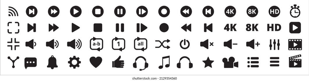 Media video player button icons. Multimedia movie player buttons set. Contains icon of equalizer, pause, setting, record, 8k, hd, repeat, 4k, menu, streaming, backward, next, back. Vector illustration