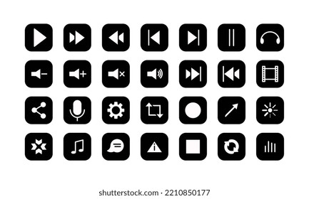 Media and  video player icon set. Black and white isolated.