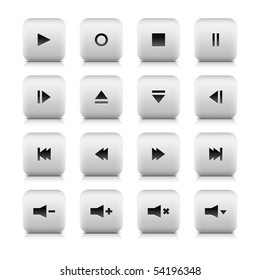 Media web 2.0 control button. White stone rounded square shape with shadow and reflection on white background