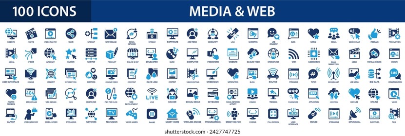 Medien- und Web-flache Symbole gesetzt. Website, Inhalt, Link, Hosting, E-Commerce, Nachricht, Social-Media-Icons und mehr Zeichen. Sammlung flacher Symbole.