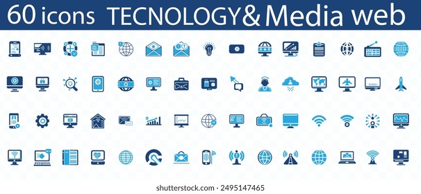 Media and web flat icons set. Website, content, link, hosting, e-commerce, message, social media icons and more signs. Flat icon collection.