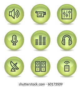 Media web icons, green glossy circle buttons