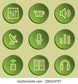 Media web icons , green paper stickers set