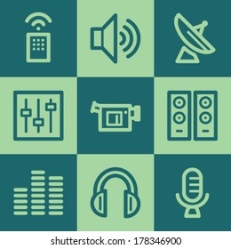 Media  web icons, green square buttons set