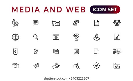Media and Web icons in line style.Data analytics,Digitalmarketing, Management, Message, Phone. Vector illustration.
