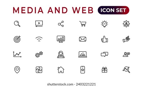 Media and Web icons in line style.Data analytics,Digitalmarketing, Management, Message, Phone. Vector illustration.
