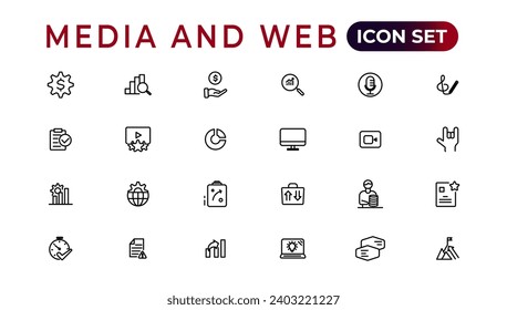 Iconos de medios y web en estilo de línea.Análisis de datos, marketing digital, administración, mensaje, teléfono. Ilustración vectorial.
