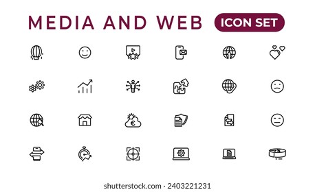 Media and Web icons in line style.Data analytics,Digitalmarketing, Management, Message, Phone. Vector illustration.
