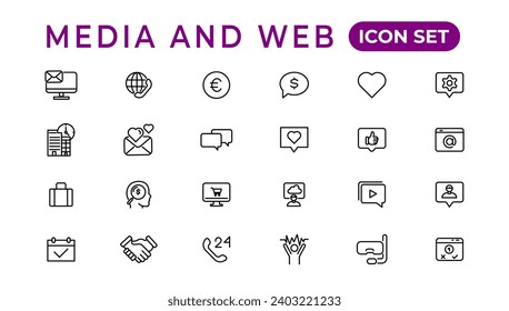 Media and Web icons in line style.Data analytics,Digitalmarketing, Management, Message, Phone. Vector illustration.
