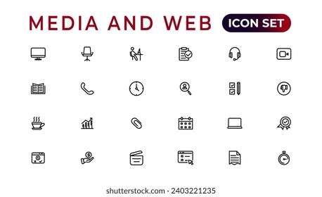 Iconos de medios y web en estilo de línea.Análisis de datos, marketing digital, administración, mensaje, teléfono. Ilustración vectorial.
