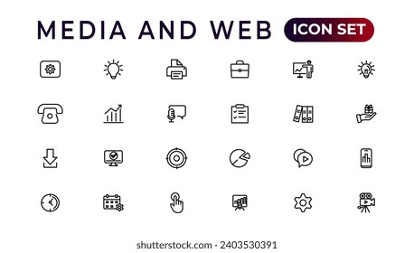 Iconos de medios y web en estilo de línea.Análisis de datos, marketing digital, administración, mensaje, teléfono. Ilustración vectorial.
