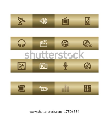 Media web icons on bronze bar. Vector file has layers, all icons in two versions are included.