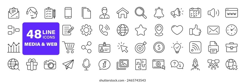 Media and Web set of web icons in line style. Social Media icons for web and mobile app. Containing media, website, marketing, business, social network, profile, page, rating, social links and more