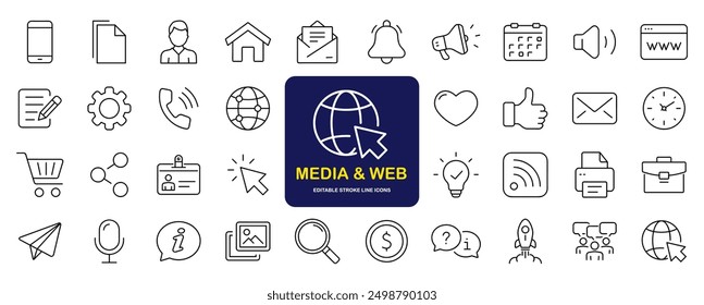 Media and Web set of web icons in line style. Social Media icons for web and mobile app. Containing media, website, marketing, business, social network, profile, page, rating, social links and more