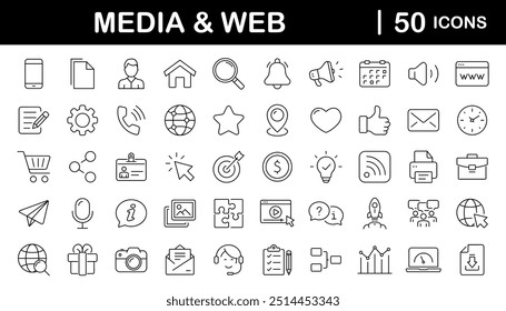 Conjunto de medios y Web de iconos web en estilo de línea. Iconos de redes sociales para Web y App móvil. Contiene medios de comunicación, Sitio web, marketing, negocios, redes sociales, perfil, página, calificación, Enlaces sociales y más