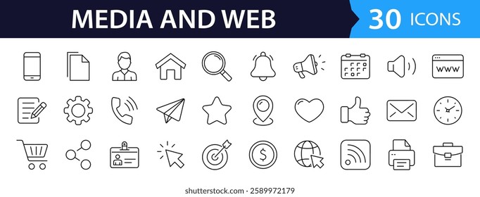 Media and Web set of web icons in line style. Social Media icons for web and mobile app. Containing media, website, marketing, business, social network, profile, page, rating, social links and more