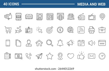 Media and Web set of web icons in line style. Social Media icons for web and mobile app. Containing media, website, marketing, business, social network, profile, page, rating, social links and more