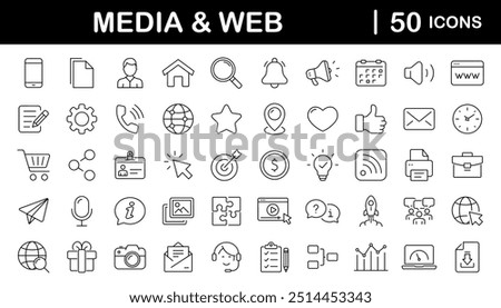 Media and Web set of web icons in line style. Social Media icons for web and mobile app. Containing media, website, marketing, business, social network, profile, page, rating, social links and more