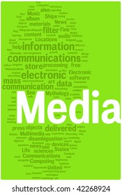 Media word cloud illustration. Graphic tag collection.