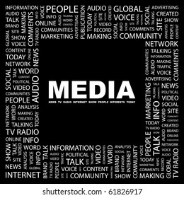 MEDIA. Word collage on black background. Illustration with different association terms.