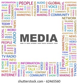 MEDIA. Word collage on white background. Illustration with different association terms.