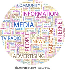 MEDIA. Word collage on white background. Illustration with different association terms.