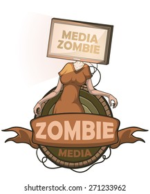 Media zombie women with flat screen tv for a head connected to the body. Label isolated