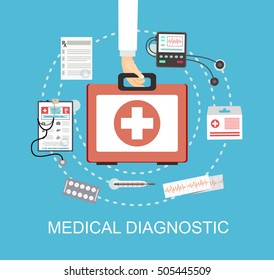 Mediacal first aid kit with different pills and medical devices, patiend card with pen, Pill and care healthy, healthcare. vector illustration in flat style isolated on blue background