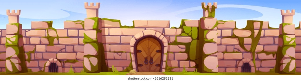 Mediaeval castle wall with wooden gate. Vector cartoon illustration of seamless ancient stone fortress with arch doorway, citadel towers, green moss between bricks, old palace, kingdom architecture