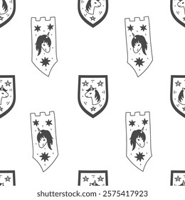 Mediaeval Unicorn Flag and Coat of Arms Seamless Pattern. Medieval and Middle Ages Doodle background with Fairy tale creature banner. Fantasy outline design. Repeat vector illustration