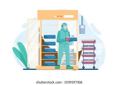 Medial staff distributing covid-19 vaccine tray inside the freezer Vector Illustration concept. Flat illustration isolated on white background.