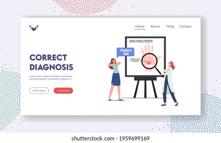 Median Nerve Compression In Wrist Diagnosis Landing Page Template. Doctor Character Presenting Infographics With Carpal Tunnel Syndrome, Woman Make Phalen Test. Cartoon People Vector Illustration