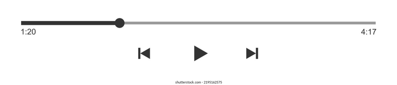 Mediaplayer progress loading bar with time slider, play, rewind and fast forward buttons. Simple template of audio or video player playback panel interface. Vector graphic illustration