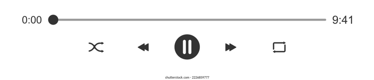 Mediaplayer progress loading bar with time slider. Pause, shuffle, repeat, rewind and fast forward buttons. Audio or video player playback panel interface elements. Vector graphic illustration