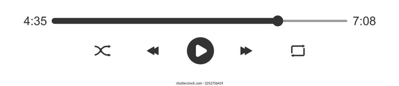 Mediaplayer progress loading bar with time slider. Play, shuffle, repeat, rewind and fast forward buttons. Simple template of audio or video player panel interface. Vector graphic illustration