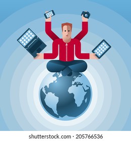 Media-tation (Media Meditation). Many-armed cartoon yoga man sitting on globe in lotus position and holding modern electronic devices: netbook computer, smartphone, digital camera and tablet computer.