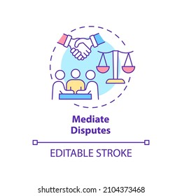Mediate disputes concept icon. Respectful discussion in team abstract idea thin line illustration. Isolated outline drawing. Editable stroke. Roboto-Medium, Myriad Pro-Bold fonts used
