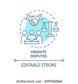 Mediate disputes turquoise concept icon. Respectful discussion abstract idea thin line illustration. Isolated outline drawing. Editable stroke. Roboto-Medium, Myriad Pro-Bold fonts used