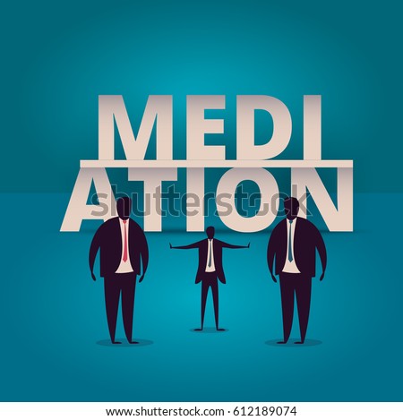 Mediation concept. Mediator assists disputing parties. Resolving conflict or dispute resolution illustration. Mediate businessman arbitrates or separates parties.